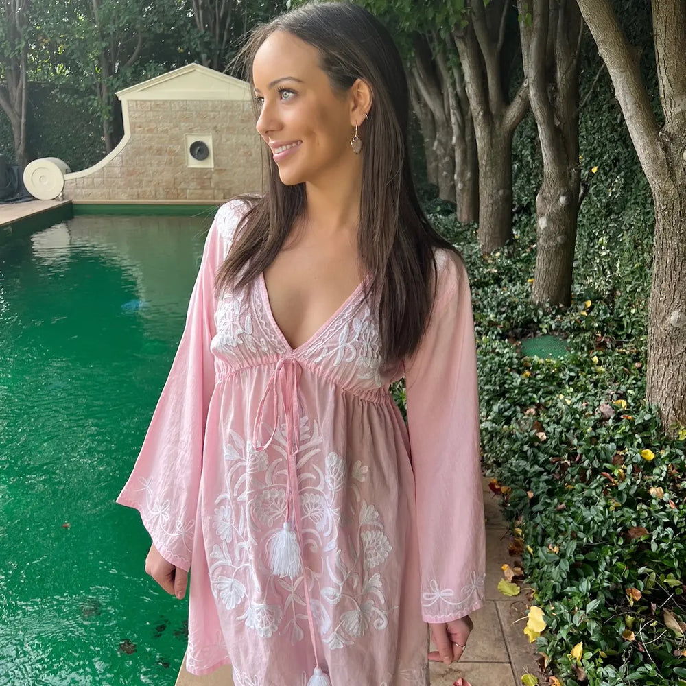 'Amelie' Embroidered Cotton Dress in Gossamer Pink