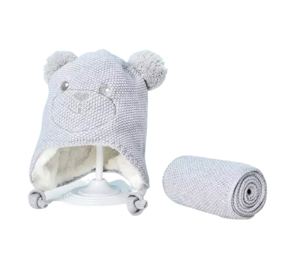 WS - KIDS Beanie knitted Grey Bear & Scarf -  6m -4yrs