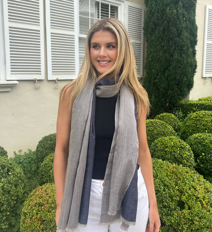 Scarf - Cashmere/ Mulberry Silk Scarf in Navy & Light Grey
