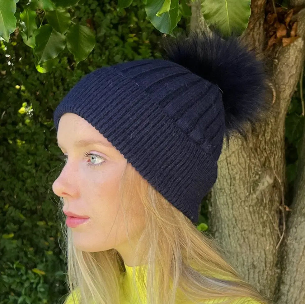 WS Cashmere Blend Pom Pom Beanie - Navy - Hero