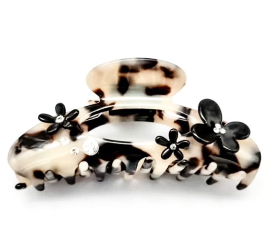 Premium Oversized Hairclaw with Swarovski Crystals & Flowers - Light Turtle