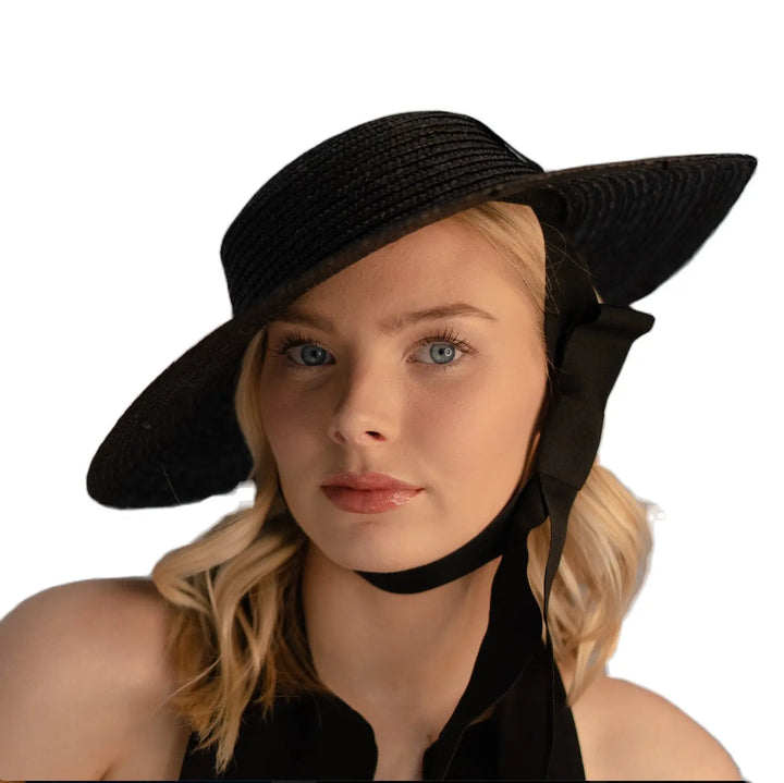 Straw Ribbon Tie Hat - Black - Image 2
