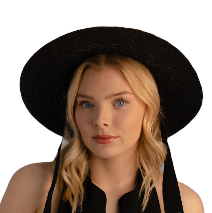 Straw Ribbon Tie Hat - Black - Image 1