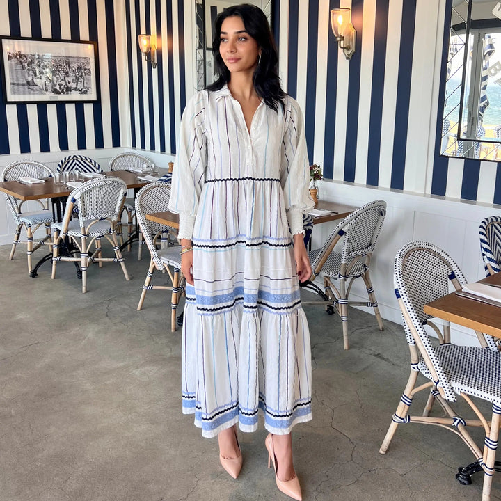 WS - Felicity Linen Embroidered Shirt Dress - White & Multi Blues - Image 1