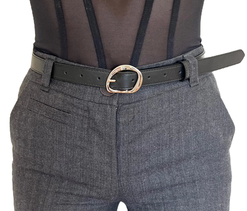 Geneva Black Leather Belt Silver 2.5cm