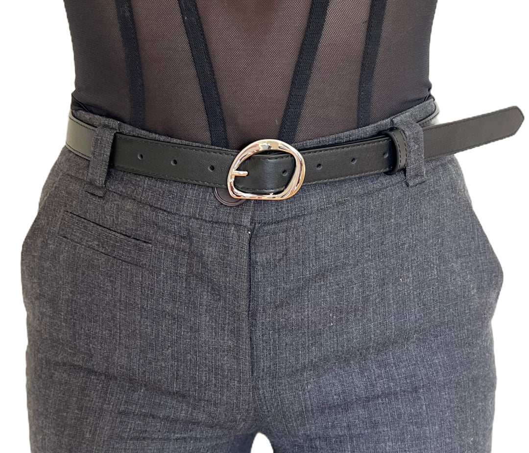 Geneva Black Leather Belt Silver 2.5cm