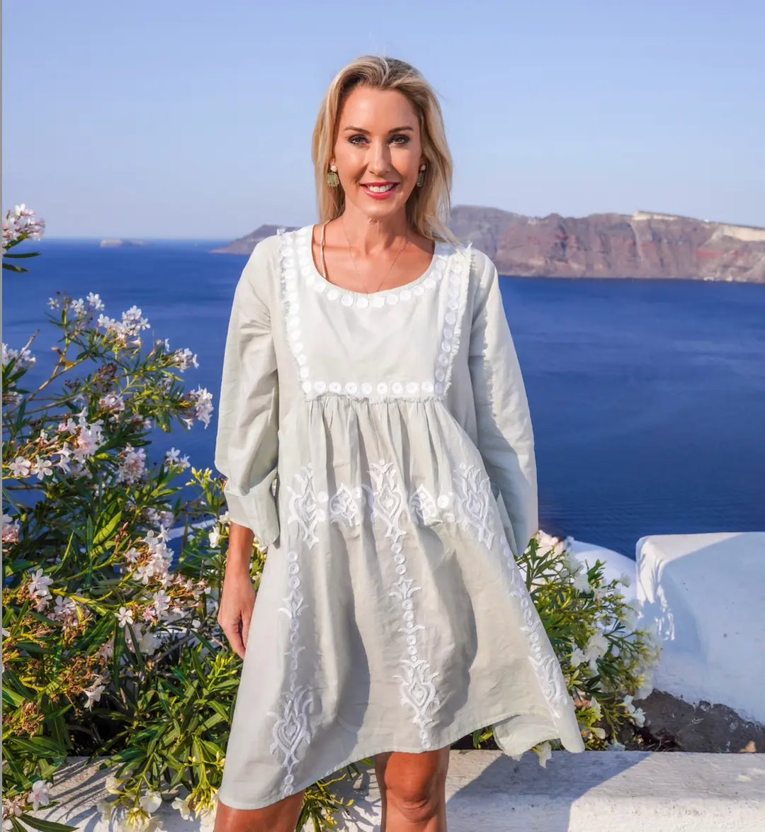 Gaia embroidered Dress in Sea Mist