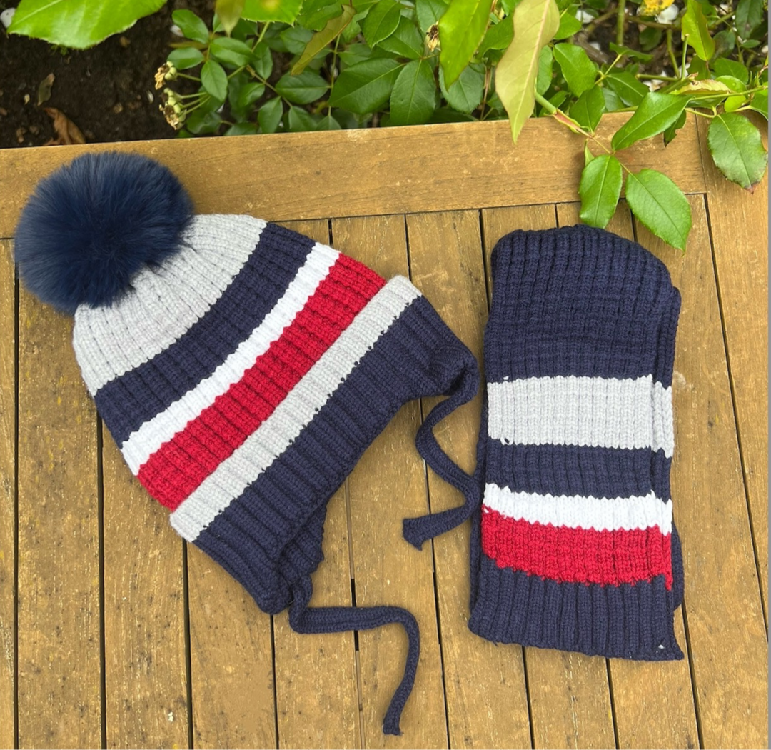 KIDS Beanie knitted Navy Stripe & Scarf - 6m -6yrs