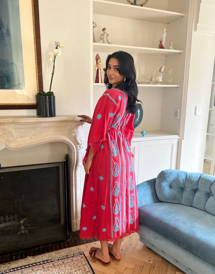 'Juliette' embroidered cotton dress in Red