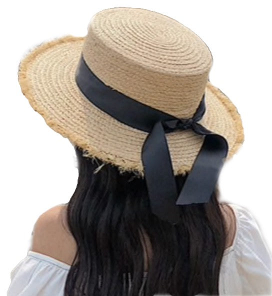 100% Raffia Straw Boater with Black detachable Ribbon