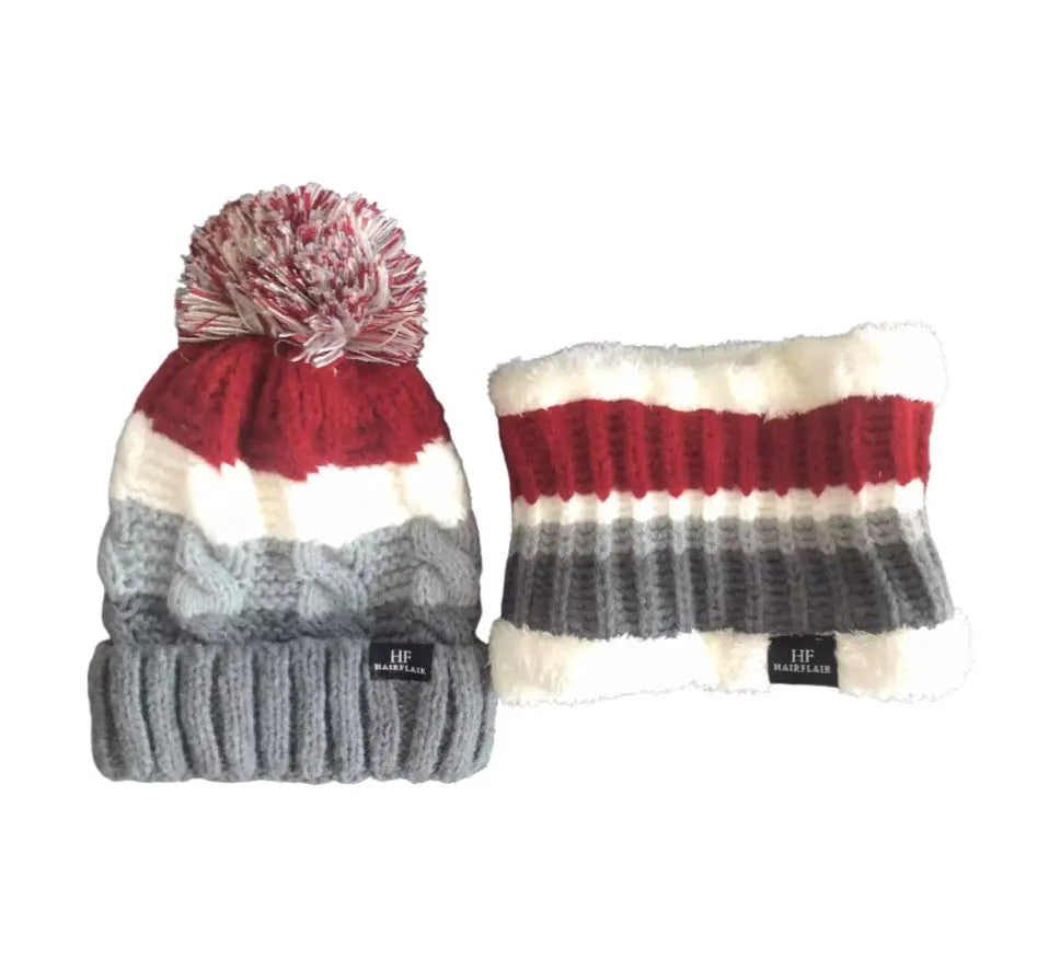 KIDS Beanie & Scarf - Unisex Stripe Grey  3-10yr