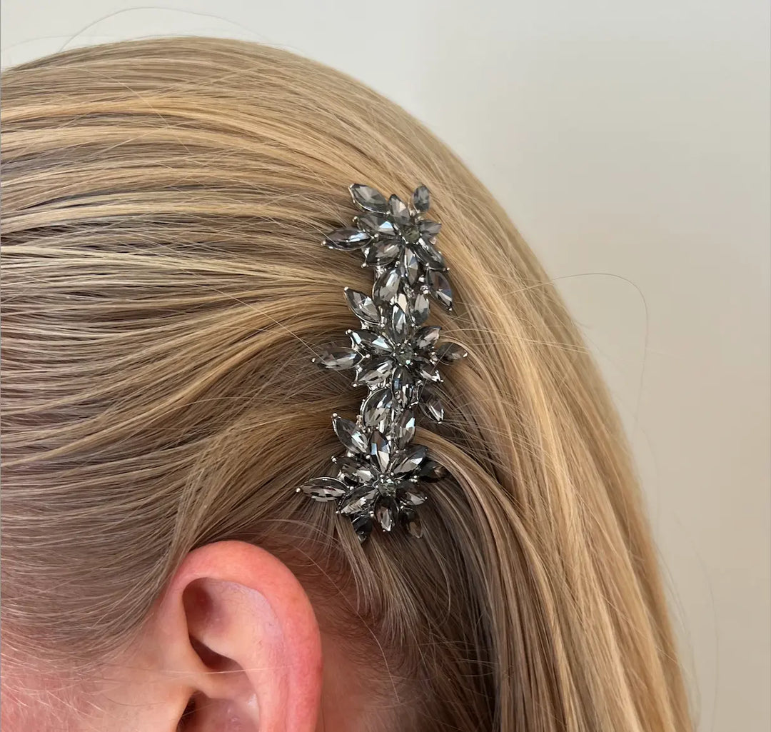 Flower Crystal Barrette - Grey
