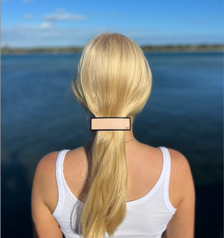 Wide Acetate Barrette in Musky Pink & Black Trim