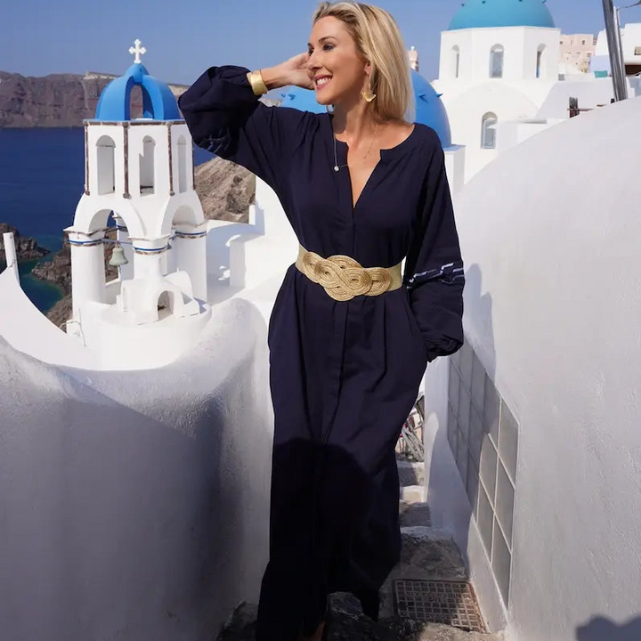 WS - Aphrodite Linen embroidered Navy Dress - Navy & Gold - Image 1