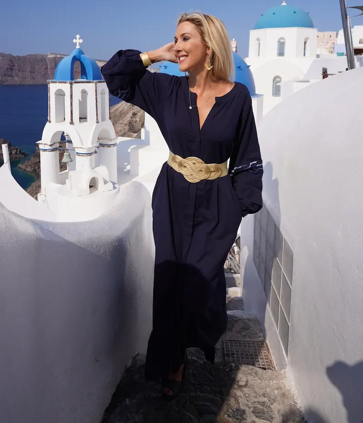 Aphrodite Linen embroidered Navy Dress