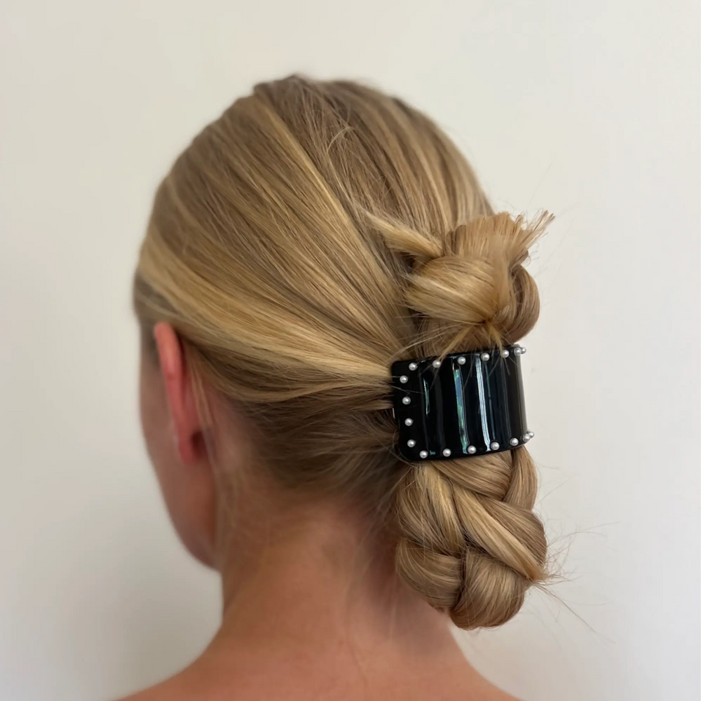 Oversized curved Barrette - black with pearls