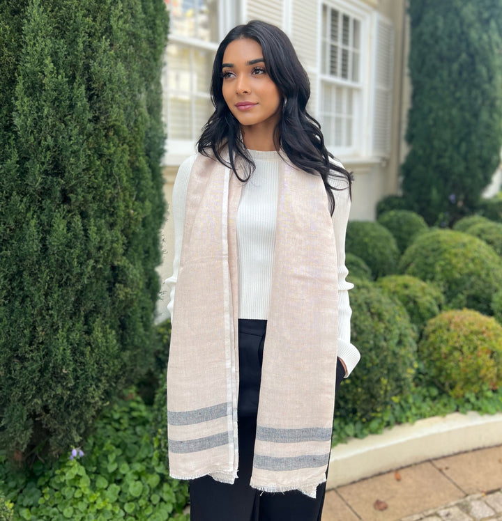 Linen Handwoven Scarf in Natural & Grey Stripes