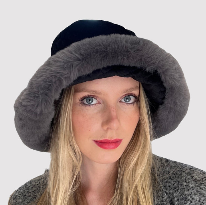 WS Faux Fur Quilted Bucket Hat - Black/Grey - Hero