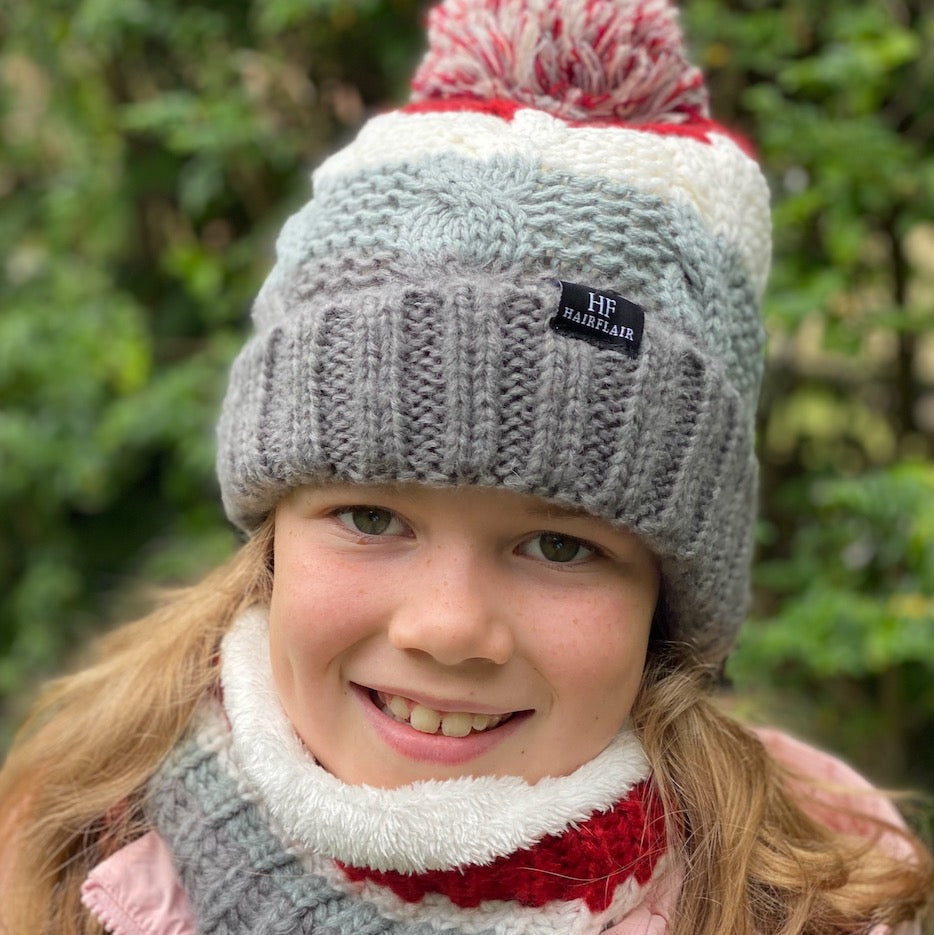 WS - KIDS Beanie & Scarf - Stripe Grey Unisex   3-10yr