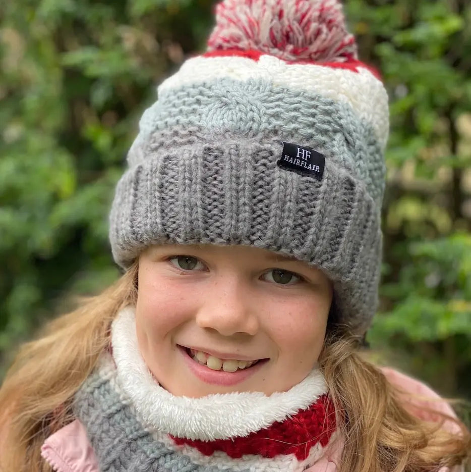 WS Kids Beanie & Scarf Stripe 3-10yr - Grey - Image 1