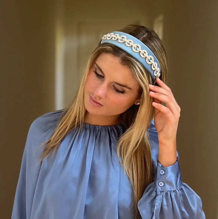 Embellished Chain Chanel look Headband on Blue Velvet