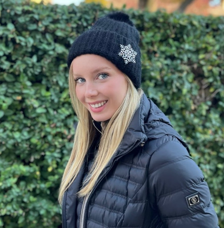 Beanie -70% Angora with PomPom & Snowflake-Black