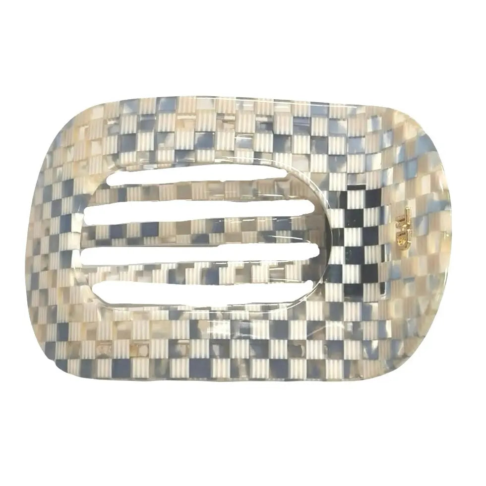 WS Acetate Flat Hair Claw in Paros White/Blue Check