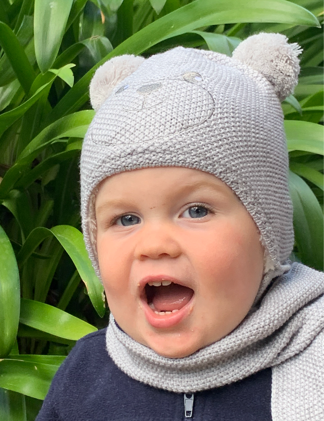 KIDS Beanie knitted Grey Bear & Scarf -  3m-4yrs