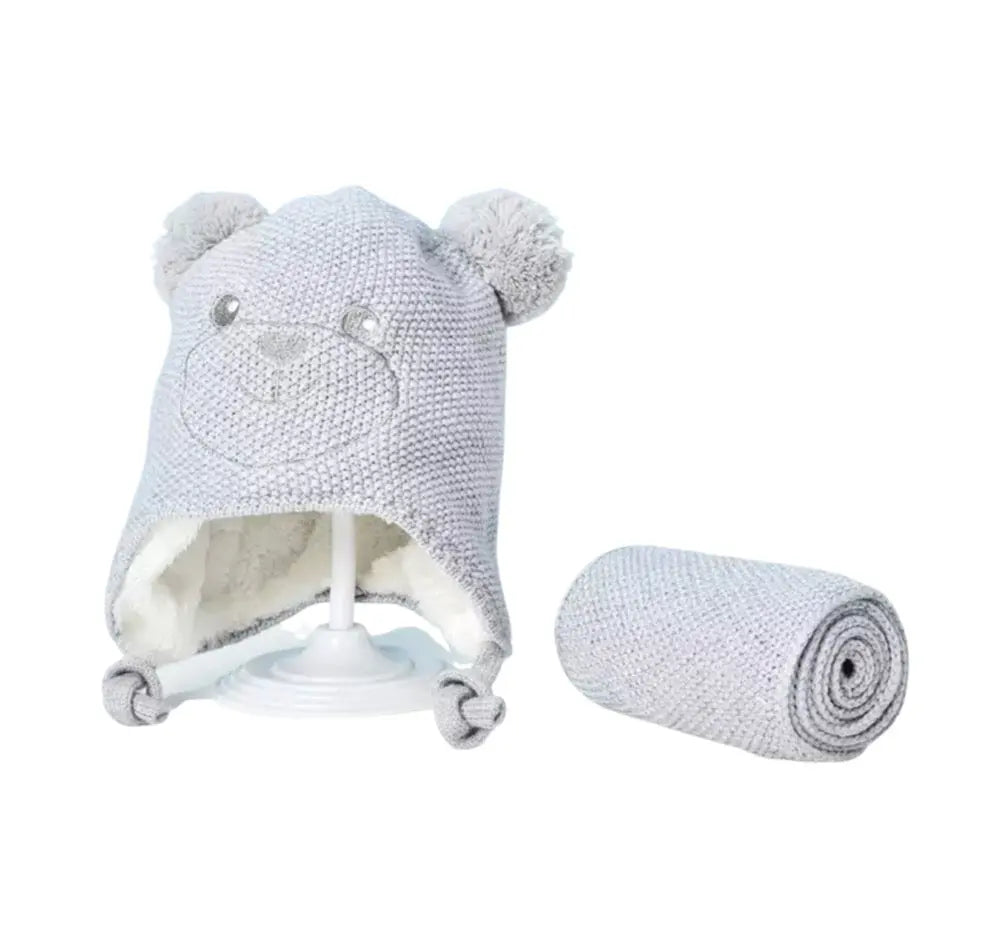 KIDS Beanie knitted Grey Bear & Scarf -  3m-4yrs