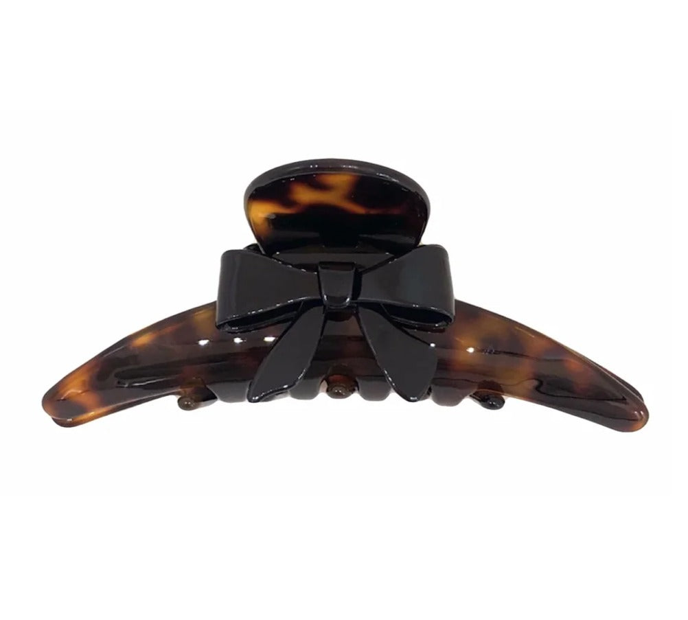 Premium Oversized Acetate Hair Claw with Black Bow in Dark Tortoise