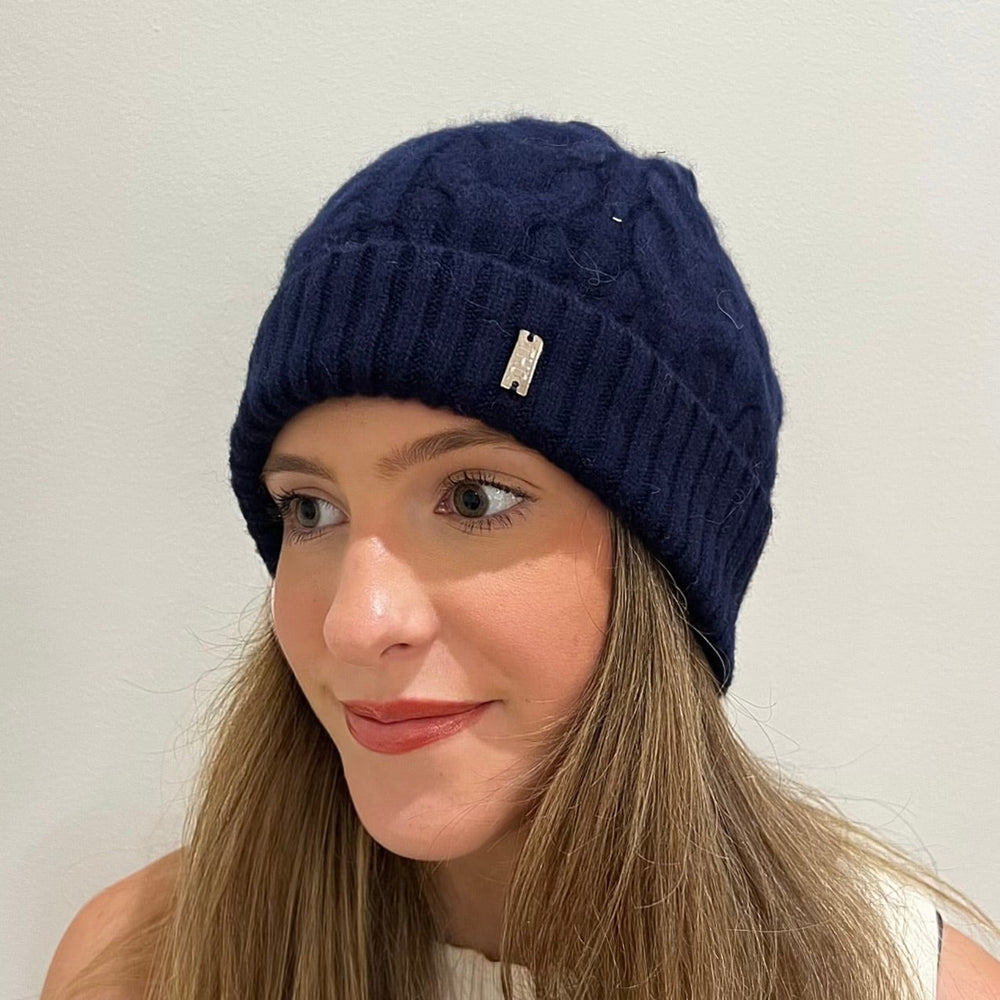 Cable  Angora Blend Beanie in Navy Tania Hird Designs