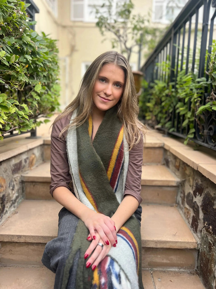 WS Cuddly Woolblend Scarf - Olive, white, yellow Tania Hird Designs