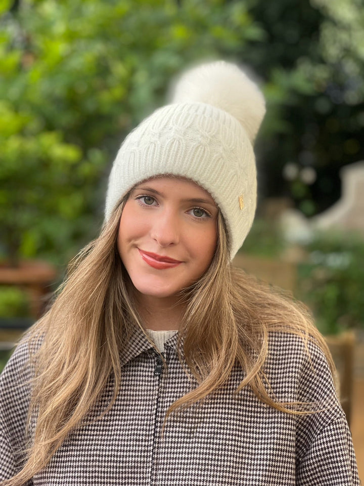 WS - 60 % Angora Beanie - Off White & luxe Pom pom Tania Hird Designs