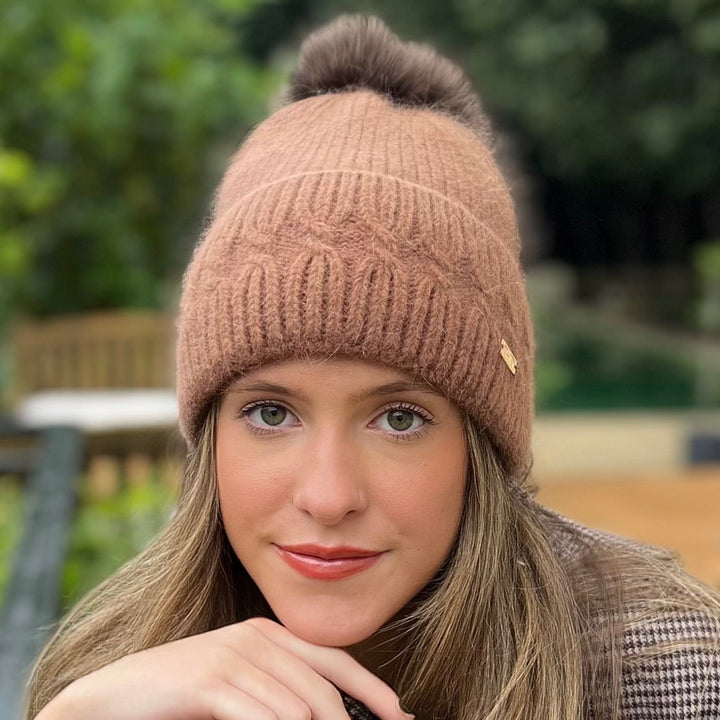 60 % Angora Beanie  - Camel & Luxe Pom Pom Tania Hird Designs