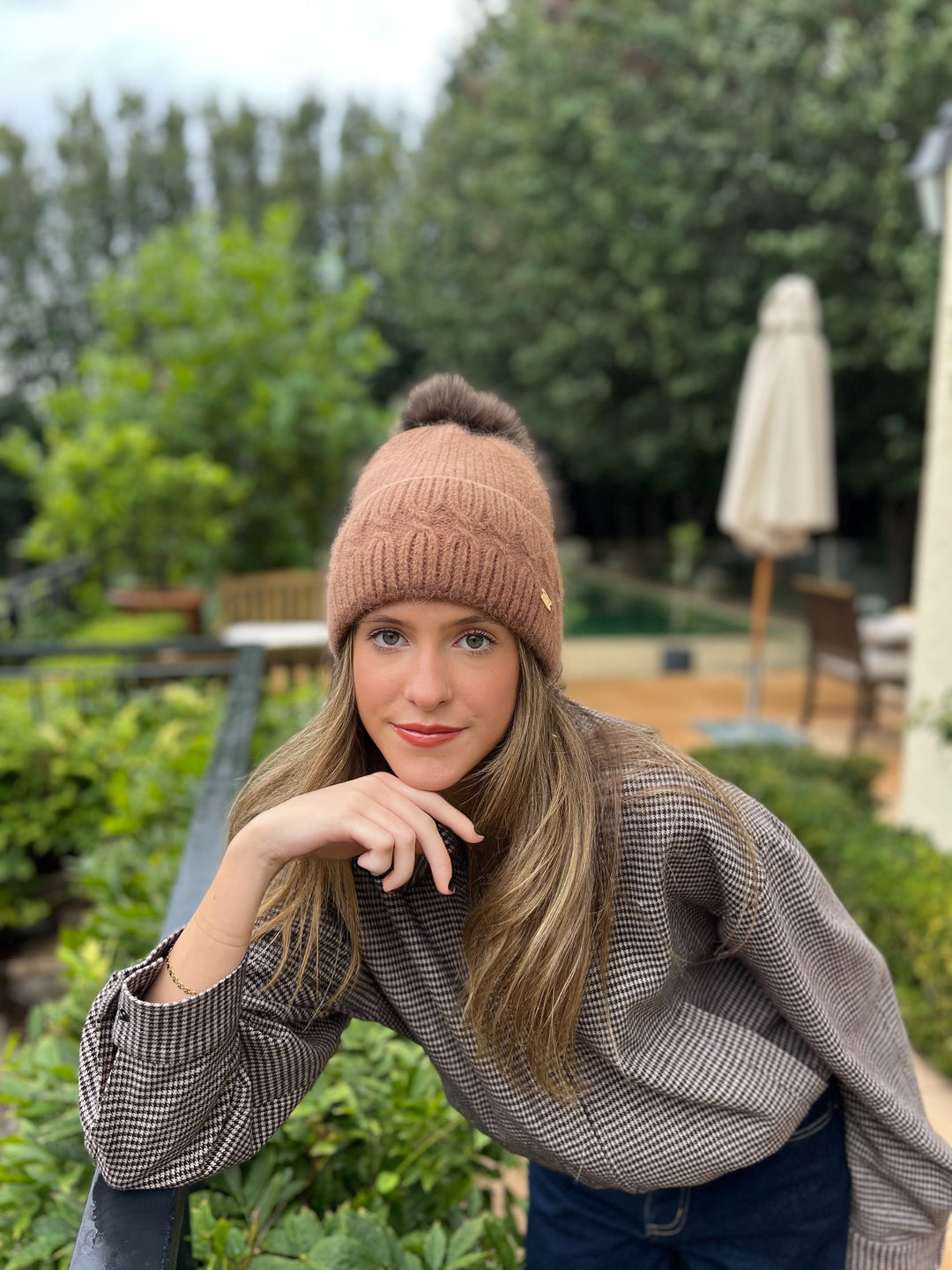 60 % Angora Beanie  - Camel & Luxe Pom Pom Tania Hird Designs
