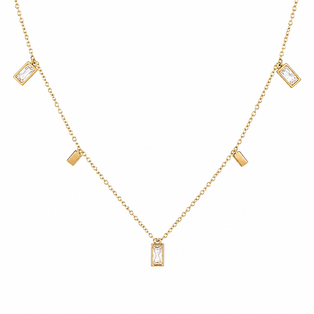 5 Baguette Charm Necklace on Gold - Clear