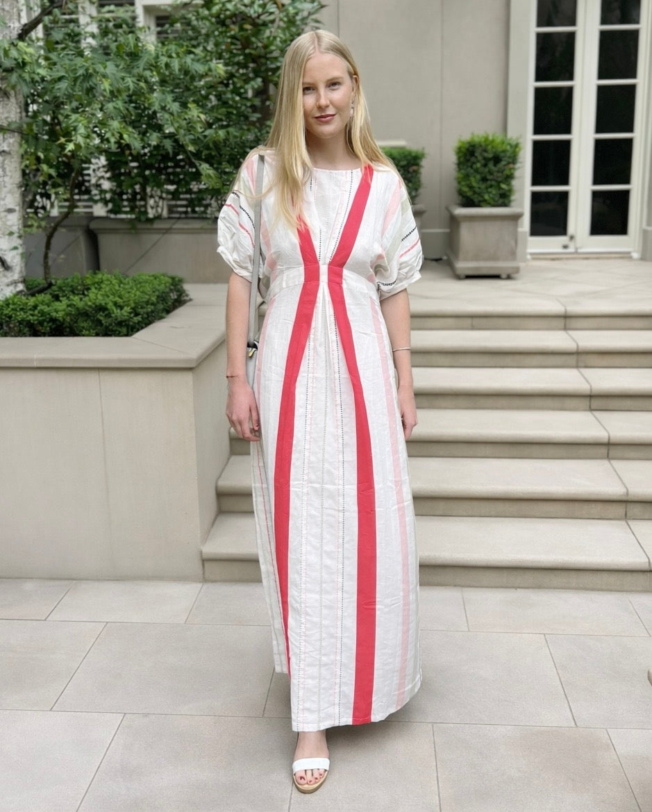 Jasmine Tailored Linen Embroidered Dress - Magenta, Pink, Green - Image 2
