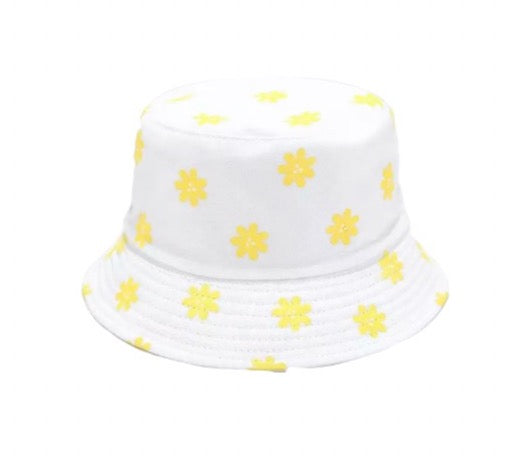 Bucket Hat - reversible-  White daisy/White