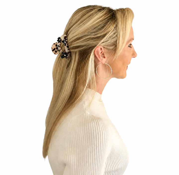 WS Acetate Large Hair Claw Swarovski Crystals and Flower Tortoise - Light Tortoise - Image 1