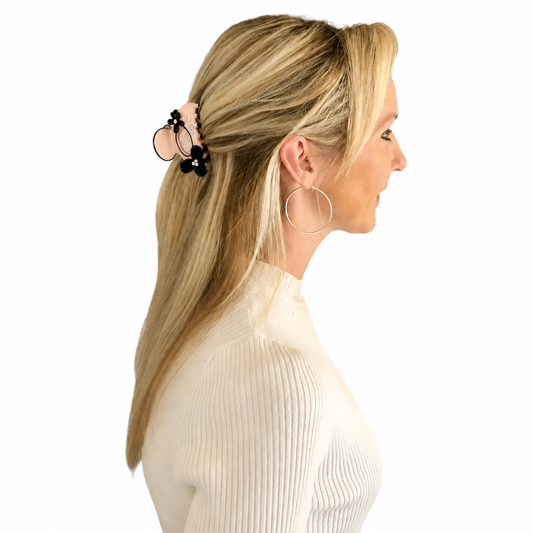 WS Acetate Large Hair Claw Swarovski Crystals and Flower Trim - Chanel Pink - Image 1