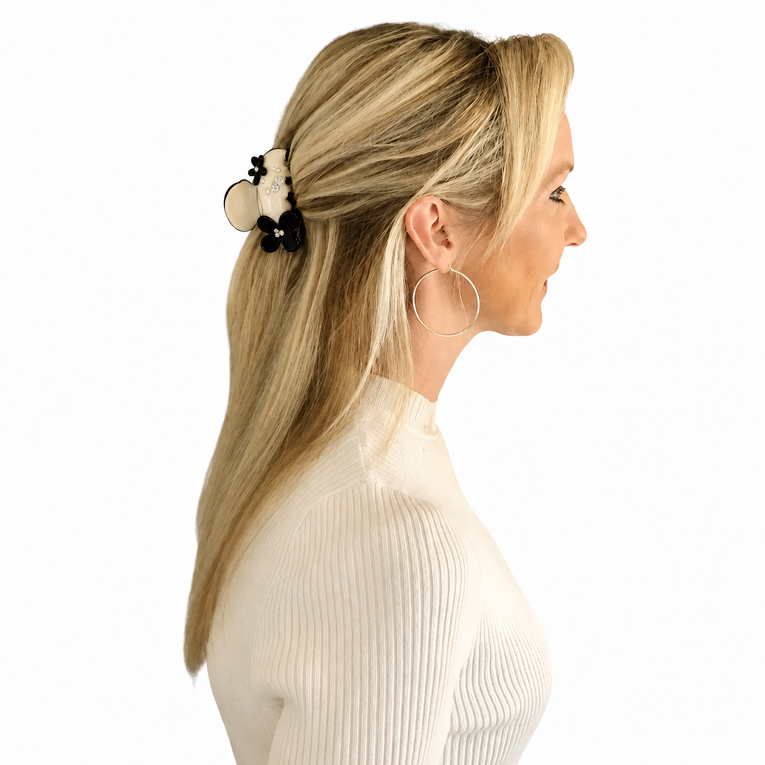 WS Acetate Large Hair Claw Swarovski Crystals and Flower Trim - Ivory - Image 1
