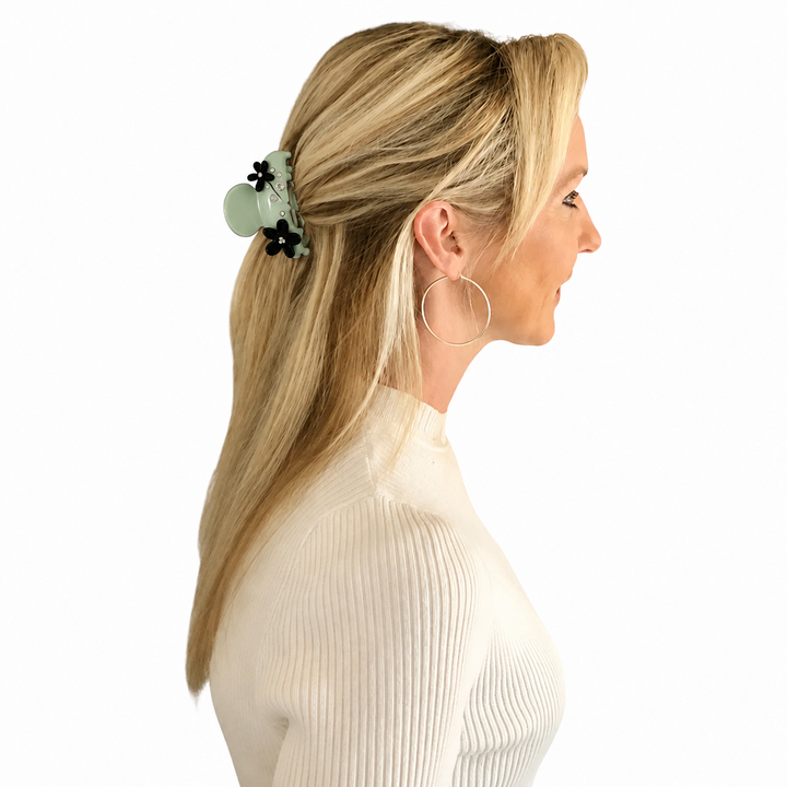 WS Acetate Large Hair Claw Swarovski Crystals and Flower Trim - Green Ash - Image 1
