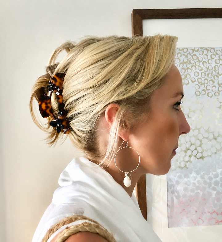 WS Acetate Oversized Hair Claw Swarovski Crystals and Flower Tortoise - Dark Tortoise - Image 1