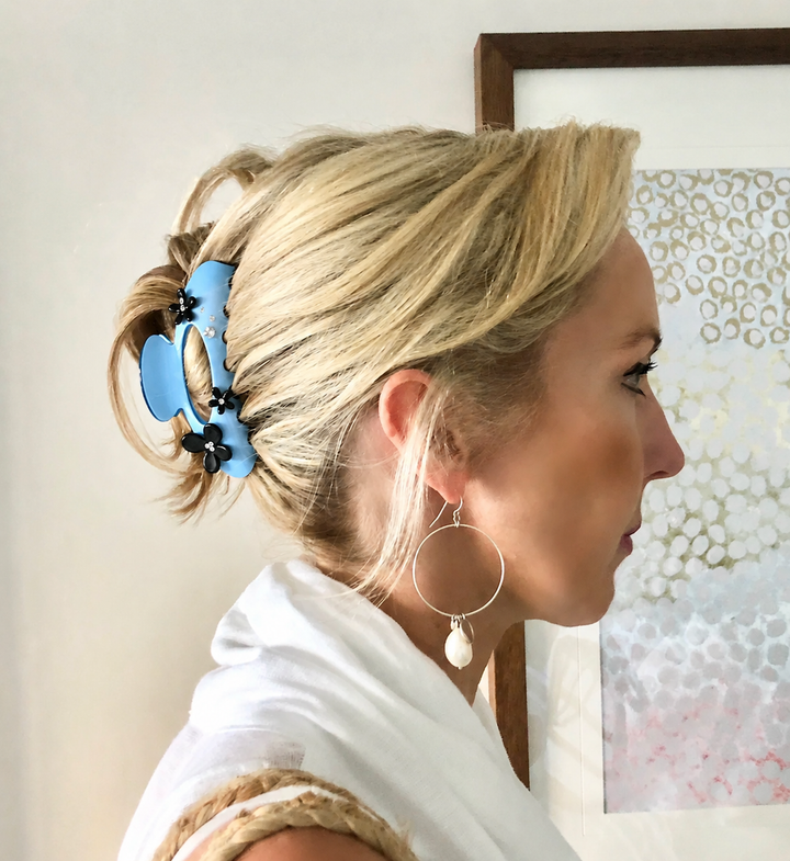 WS Acetate Oversized Hair Claw Swarovski Crystals and Flower Trim - Cerulean Blue - Image 1