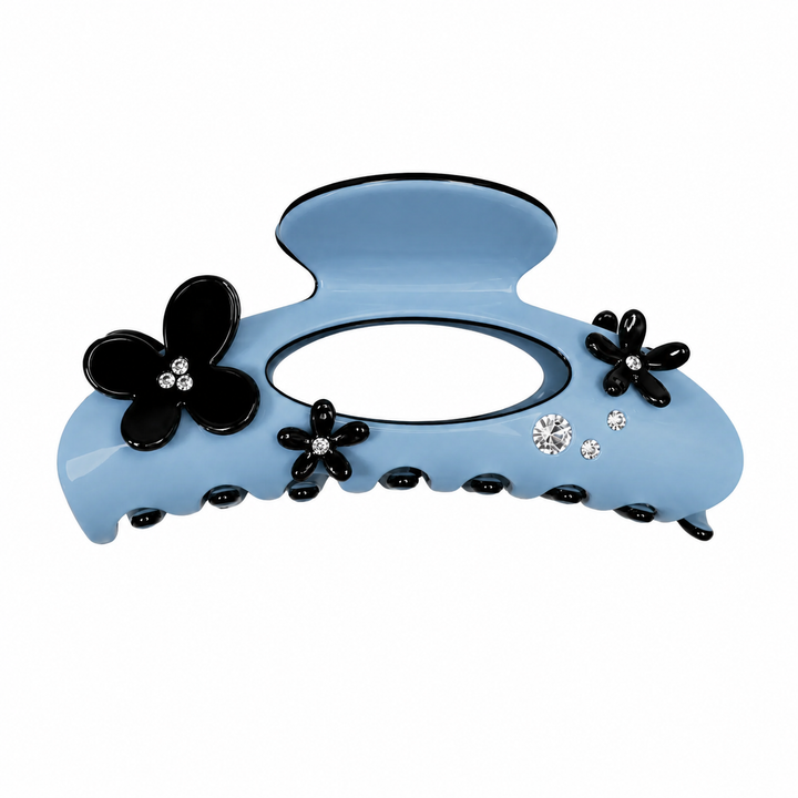 WS Acetate Oversized Hair Claw Swarovski Crystals and Flower Trim - Cerulean Blue - Hero
