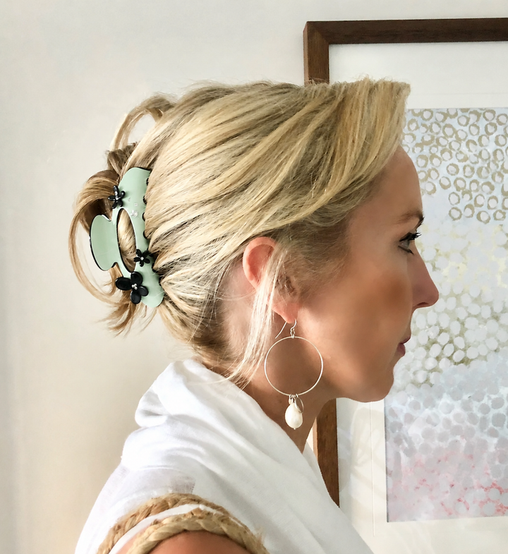 WS Acetate Oversized Hair Claw Swarovski Crystals and Flower Trim - Green Ash - Image 1