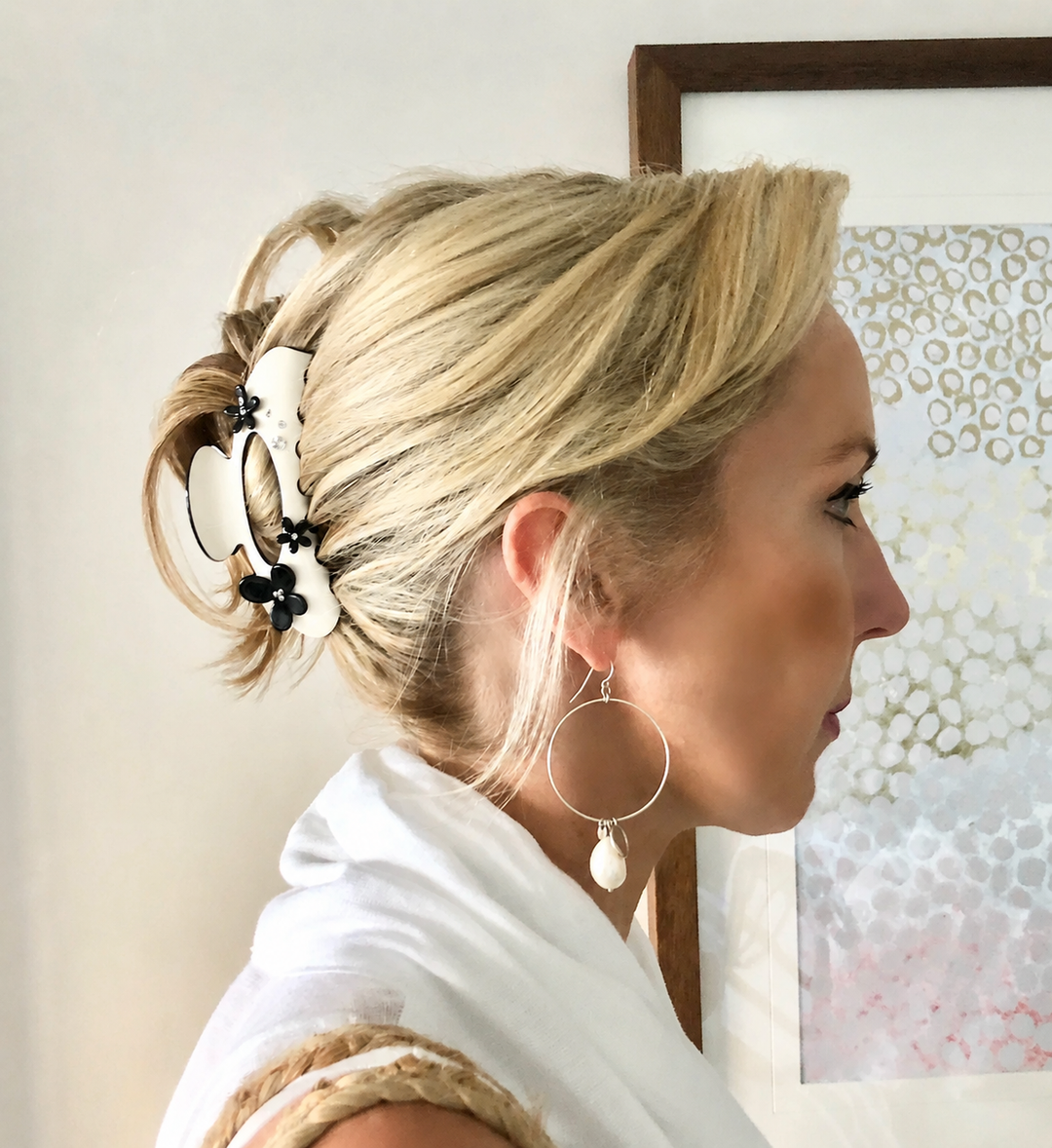 WS Acetate Oversized Hair Claw Swarovski Crystals and Flower Trim - Ivory - Image 1