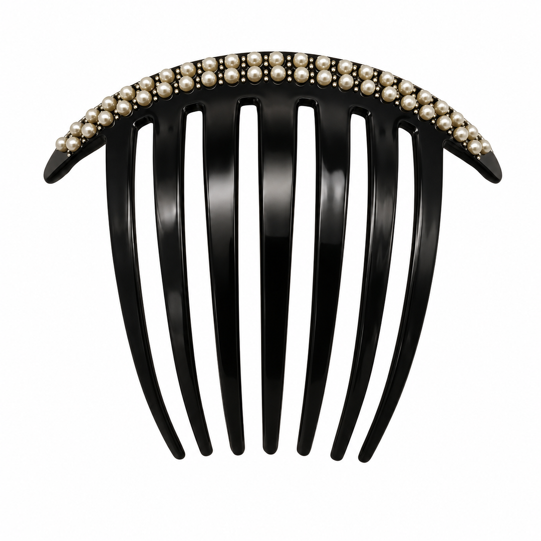 WS - Acetate Pleat Comb - Double Pearls - Black
