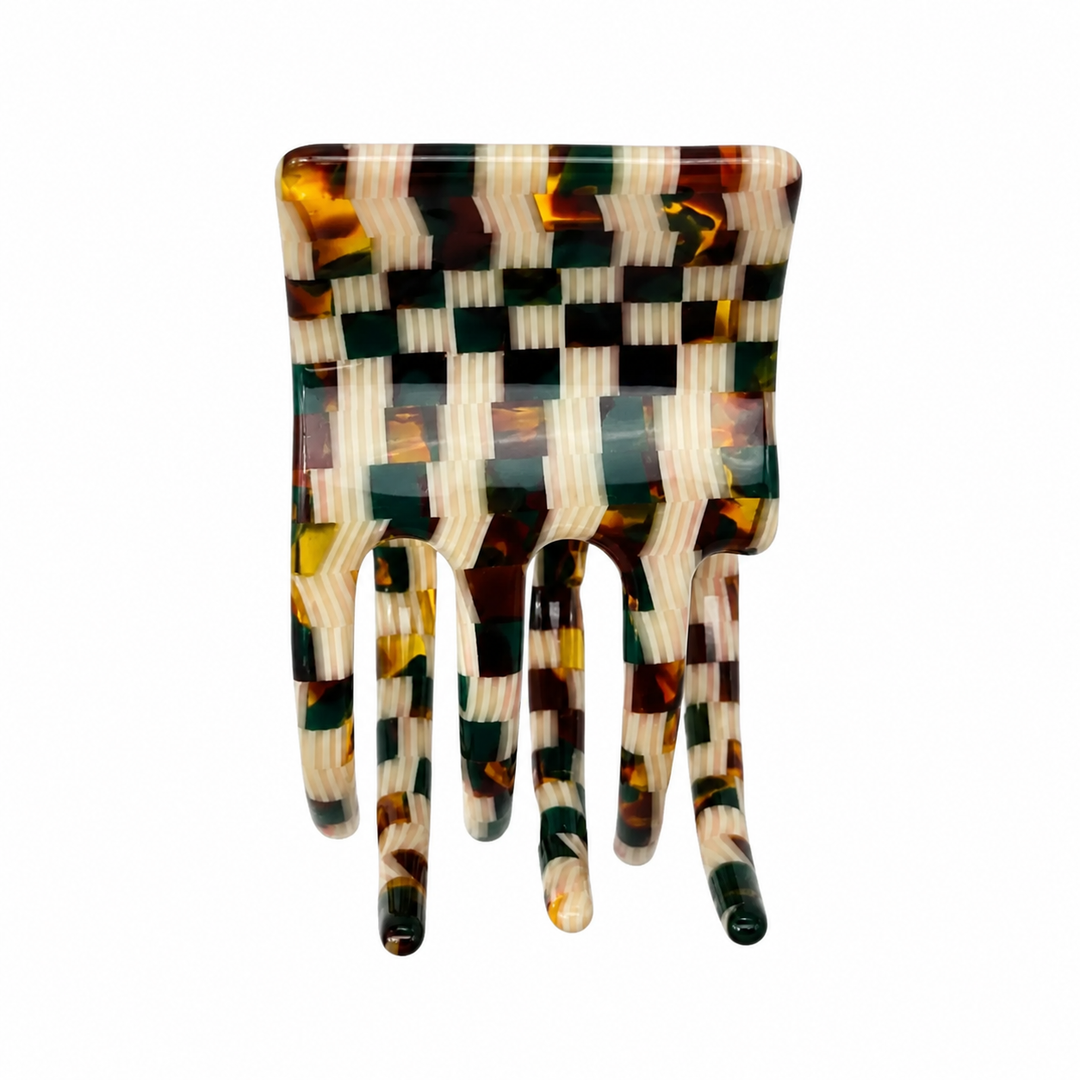 WS Acetate Square Hair Claw Check - Green/Gold Check