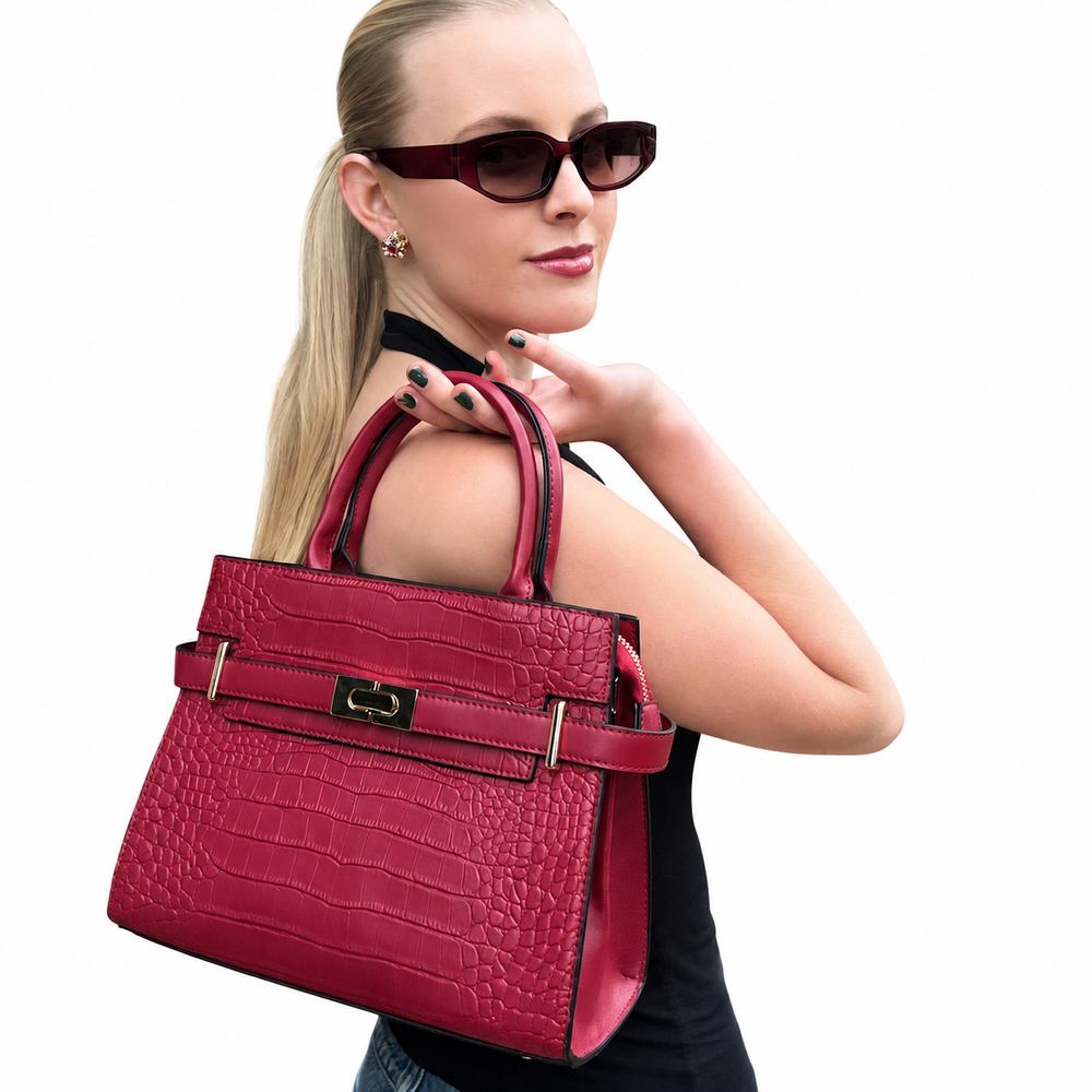 WS Alexandra Cowhide Croc Tote Bag - Burgundy - Image 1